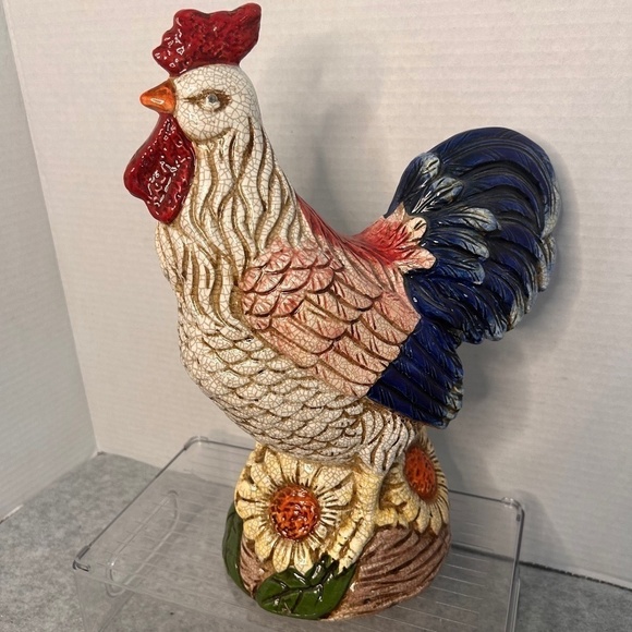Vintage Ceramic Rooster Sunflowers Farmhouse French Country 12x9x4” No Flaws